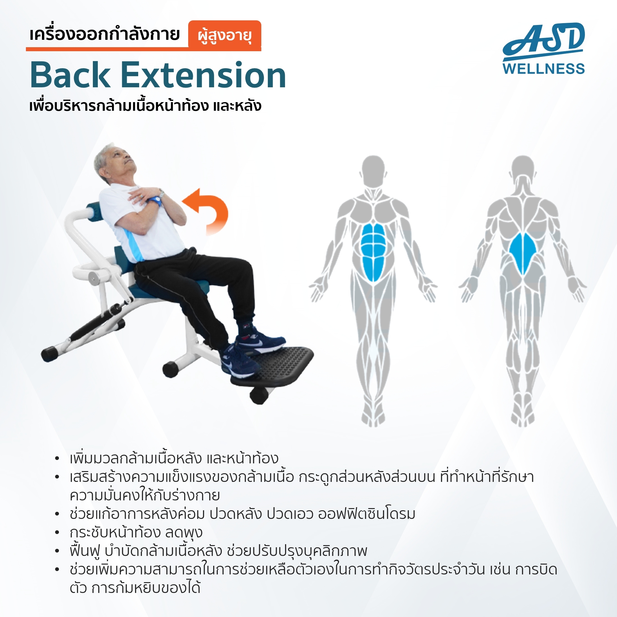 เครื่องออกกำลังกาย สำหรับผู้สูงอายุ เพื่อบริหารกล้ามเนื้อหน้าท้อง และหลัง Back Extension