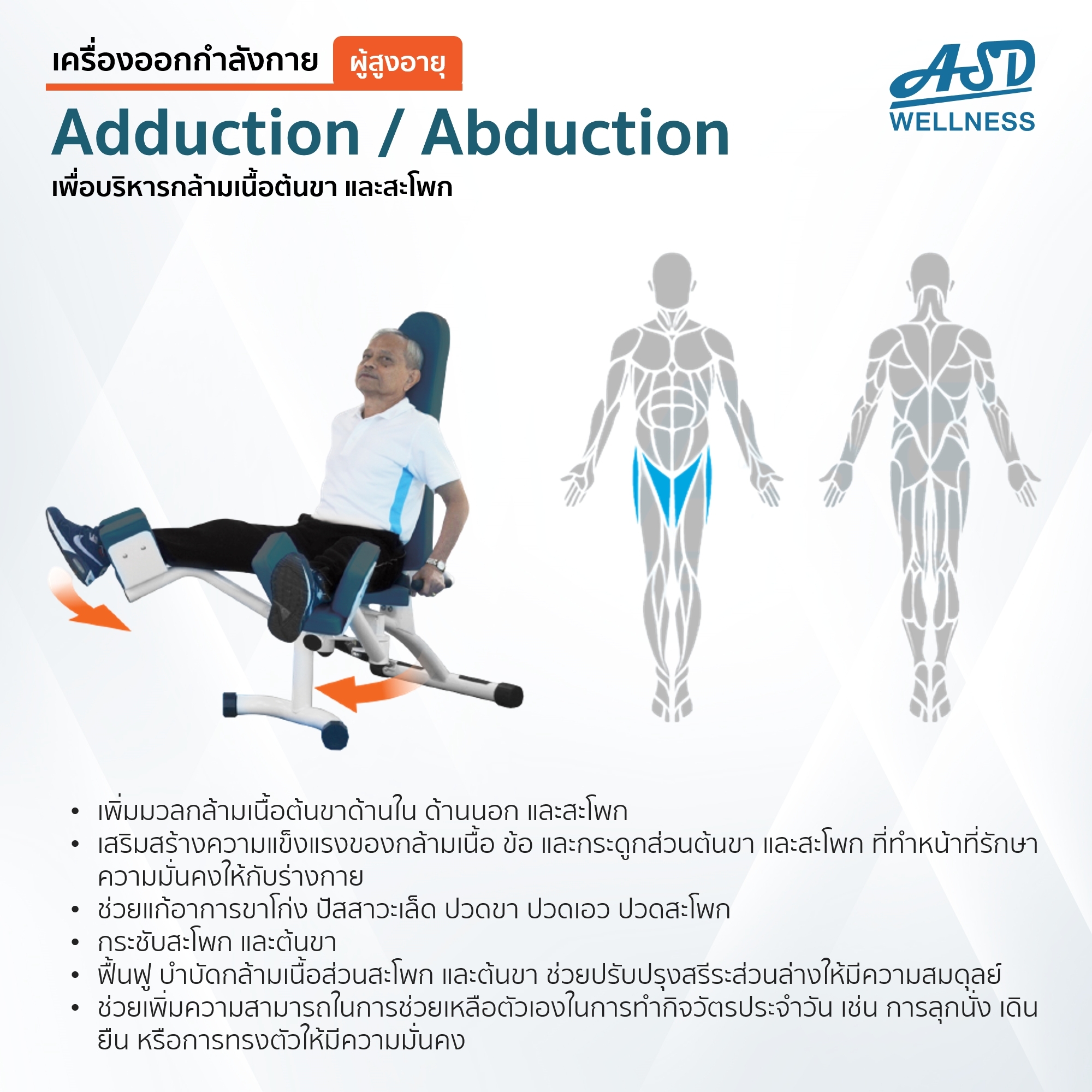 เครื่องออกกำลังกาย สำหรับผู้สูงอายุ เพื่อบริหารกล้ามเนื้อต้นขา และสะโพก Adduction / Abduction