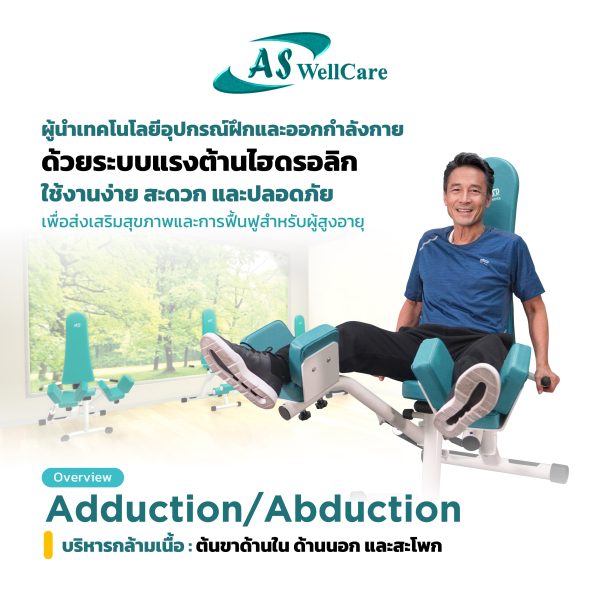 เครื่องฝึกและออกกำลังกาย สำหรับผู้สูงอายุ เพื่อบริหารกล้ามเนื้อต้นขาด้านใน ด้านอก และสะโพก (Adduction / Abduction)