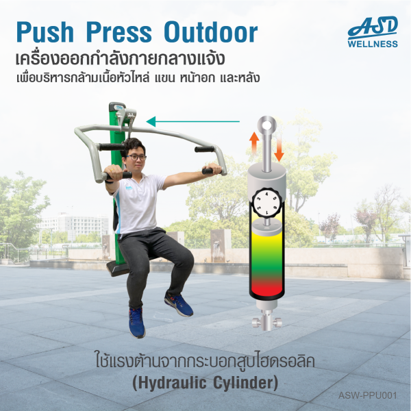 เครื่องออกกำลังกายกลางแจ้ง Vertical / Push Press outdoor ช่วยเสริมสร้างกล้ามเนื้อบริเวณ หัวไหล่ แขน น่าอกและหลัง ให้แข็งแรง